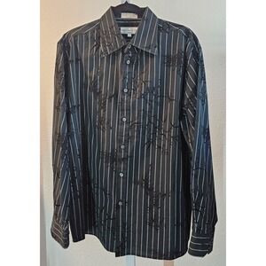 Eighty Eight Mens Shirt Large Black White Striped Raised Velvet Button Cotton